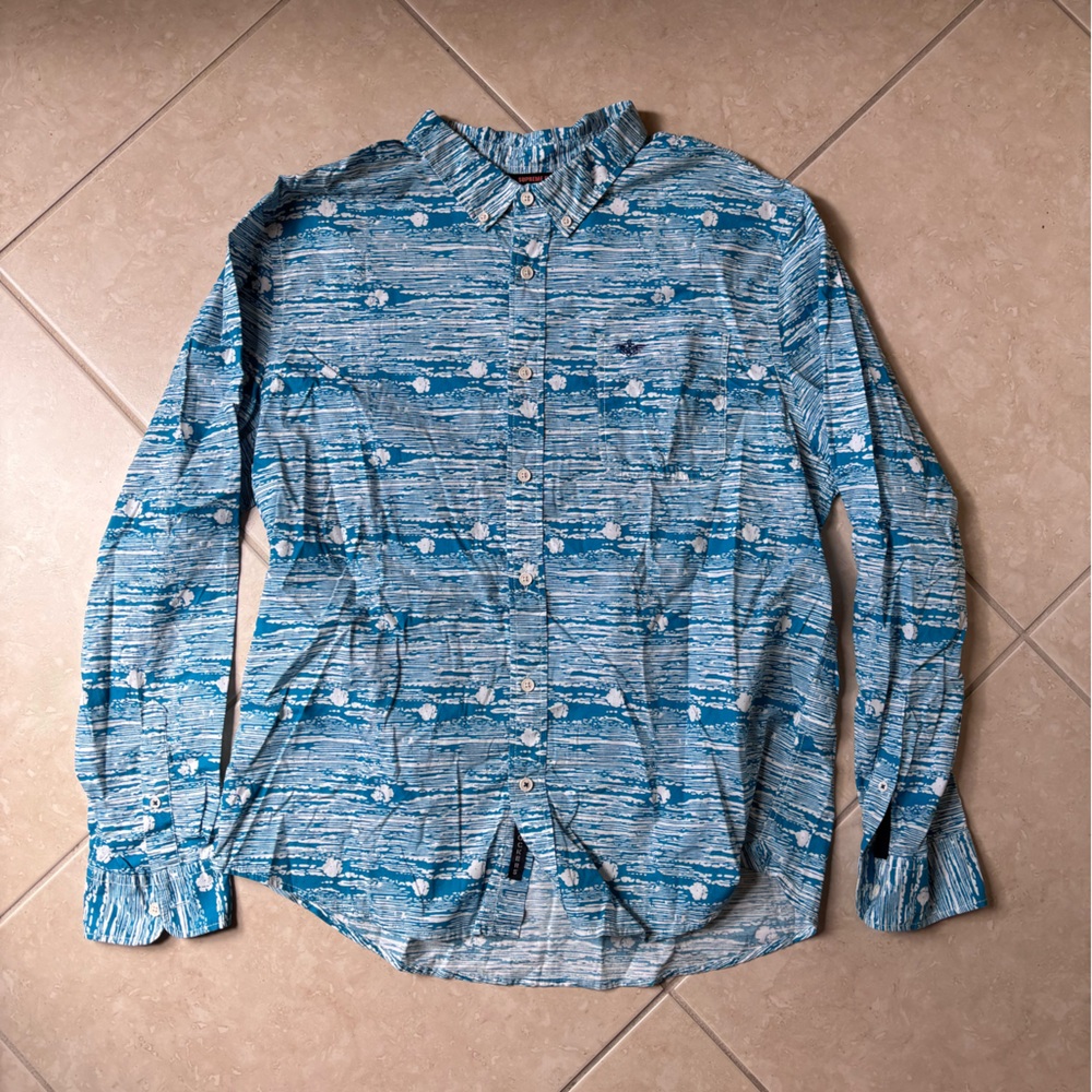 Dockers Alpha Khaki LS Button Down Shirt Blue Ocean Print Slim Fit Coastal XL